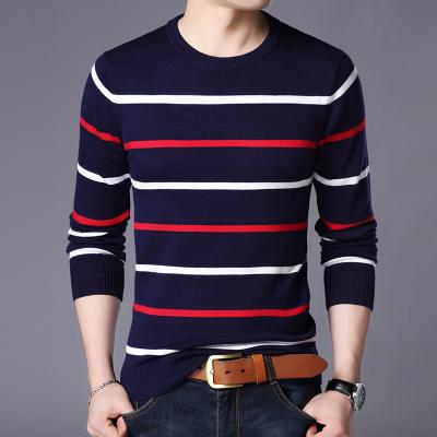 China 2021 Anti-wrinkle striped fashion thin color-matching men's thin round neck sweater shirt sweater for sale