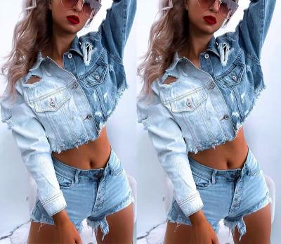 China Women's Denim Jacket Fashion Personality Breathable Gradient Washed Fringed Short Women's Lattice Jacket for sale