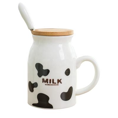 China Viable Customize Logo Cartoon Mug Milk Coffee Porcelain Breast Milk Collection Cups Kids Cute Cow Milk Ceramic Mugs With Lid Spoon for sale