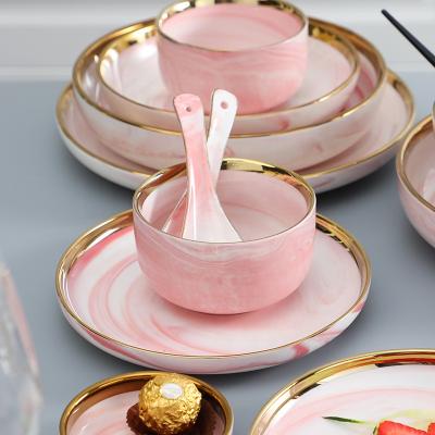 China Viable Nordic Luxury Bone China Dinnerware Sets Gold Rim Dinner Sets Ceramic Marble Porcelain Dinnerware Sets for sale