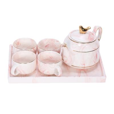 China Viable Elegant Coffee Ware 6 Pieces New Bone China Coffee 4 Cups Gray Marble Ceramic Coffee Tea Set Rose Teapot Saucers for sale