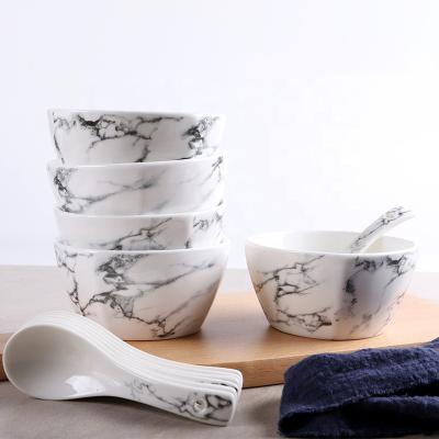 China Sustainable Eco - Friendly Round Shape Ceramic Bowl Marble Spoon Home Salad Bowl Dish Set Custom Ceramic Rice Bowl for sale