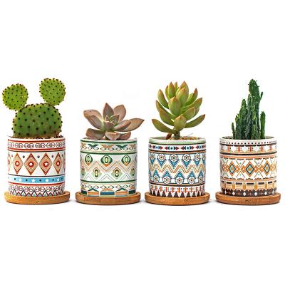 China Wholesale Modern Indoor Outdoor Ceramic Colorful Succulent Pot Modern Flower Planter With Bamboo Tray Mat for sale