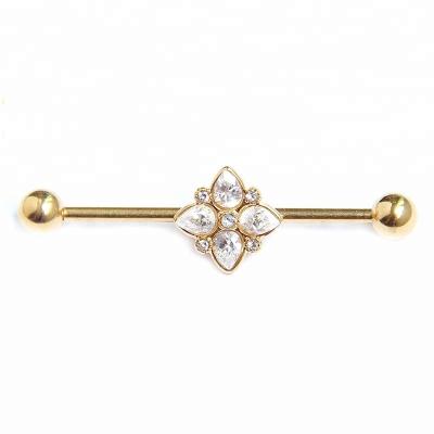 China Gold plated piercing clear gems industrial barbell surgical steel for sale