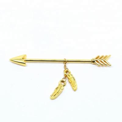 China Gold plated arrow industrial piercing bars with feather dangle for sale