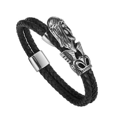 China New punk bracelet stainless steel magnetic clasp skull braided leather bracelet for sale