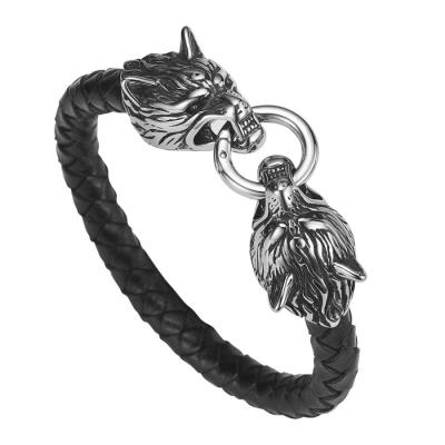 China Hot Sales PU Leather Stainless Steel Double Wolf Heads Bracelet for sale