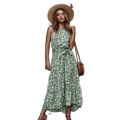 China Long Anti-wrinkle Holiday Style Print Dress New 2021 Summer Women Fashion Lace Up Swing Dot Print Sleeveless O Neck Big Dress for sale