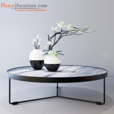 China White Marble Print Coffee Table with Black Metal Legs, Living Room Tables for sale