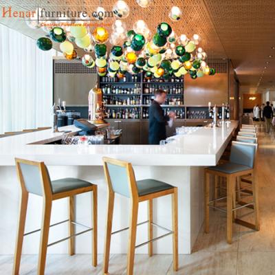 China Star Restaurant Wood Modern Bar Chair with Metal Footrest Fabric Uphostery Seat for sale