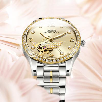 China Fashion No.2007L Women Automatic Luxury Mechanical Diamond-setting LOBINNI Wings Music Skeleton Stainless Steel Watch For Lady for sale