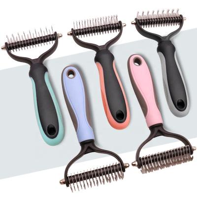 China Dog Cat Dematting Comb Terminal 2 Sides Stocked Comfortable Rubber Grip And Stainless Steel for sale