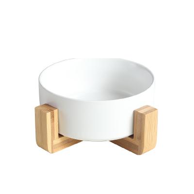 China Wholesale Sustainable Dog Bowl Anti Slip High Ceramic Pet Bowl With Wooden Rack for sale