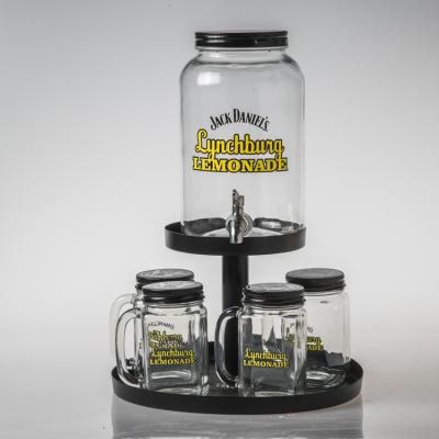 China Viable Wholesale Custom Glass Jar Four Sets Mason Logo Beverage Dispenser Drinks Jar With Metal Stand for sale