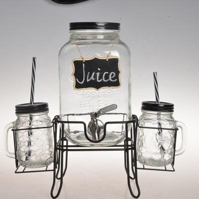 China Wholesale Minimalist Kitchen Use Beverage Dispenser Glass Jar And Glass Mason Jar Two Sets With Metal Rack for sale