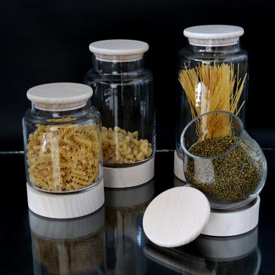 China High Quality Large Glass Canning Food Storage Jars Glass Jar with Bamboo Lid Storage and Wooden Rack for sale