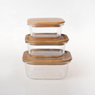 China Minimalist Microwave Use Glass Refractory Food Storage Container Set Glass Bento Lunch Box With Bamboo Lid for sale