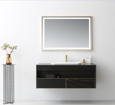 China Hot Selling Porcelain Slab Waterproof Luxury Wall Mounted Bathroom Vanity Dark Color With Top And Led Mirror for sale