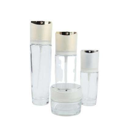 China Custom Personal Care Skin Care Cosmetics White Glass Bottle Cream Cap Packaging Set Bottles For Sale for sale