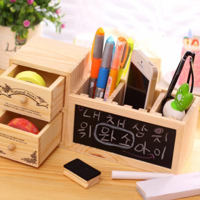 China Desktop Organizer Wooden Pen Holder Multifunctional Wooden Message Board Stationery Slot Drawer Message Board Kids for sale