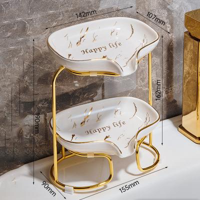 China Tray Bar Ceramic Soap Dish Saver Holder Double Metal Marble Bathroom Kitchen Bathtub Modern Sink Gold Easy Clean Dry Sheet for sale