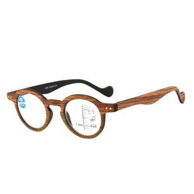 China New Frame [RTS] Designer Wooden Round Frame Reading Glasses With Blue Light Blocking Progressive Multifocal Lens for sale