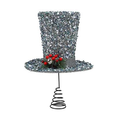 China Tree Plastic+iron Christmas Maker Iron Christmas Glitter Powder Tree Top Fedora Hat Decoration Christmas Ornament for sale