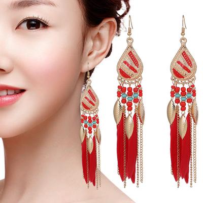 China Amazon FASHION Hot Sale Copper Alloy Gold Plated Dropping Charms Feather Statement Earrings For Women for sale