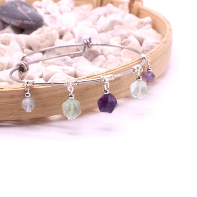 China New Design Stainless Steel Bead Stone Flourite Adjustable Natural Healing Bracelet Wire Natural Pendant Bangle Pampers Necklace for sale