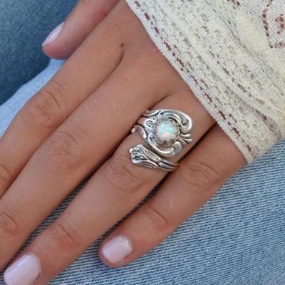 China Hot Selling Tibetan Silver Vintage Ring Tibetan Silver Adjustable Moonstone Rings Wholesale Opal Ring For Women for sale