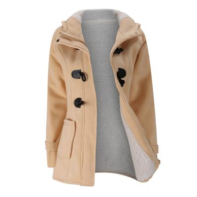 China Anti-Wrinkle Winter Thicken Hooded Woolen Coat Women Long Zipper Horn Button Woolen Coat Women for sale