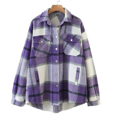 China Custom Made Anti-Wrinkle Women's Fashion Winter Shirt Jacket Purple And Plaid White Coat For Girl for sale