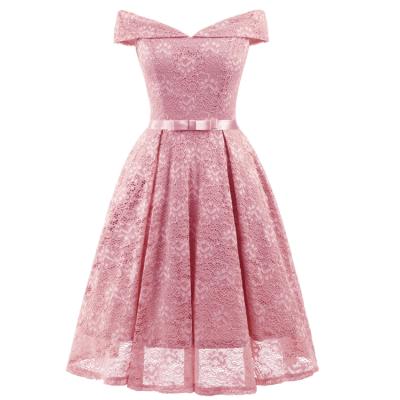 China Dress Breathable Elegant V-Neckline Embroidered Lace Bow Mesh Strapless Zipper Bow Dress for sale