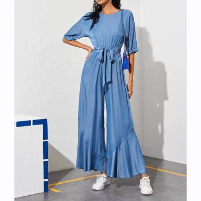 China One Piece European American QUICK DRY Plus Size Wide-Leg Long Overalls Blue Short Sleeve Loose Casual Rompers for sale