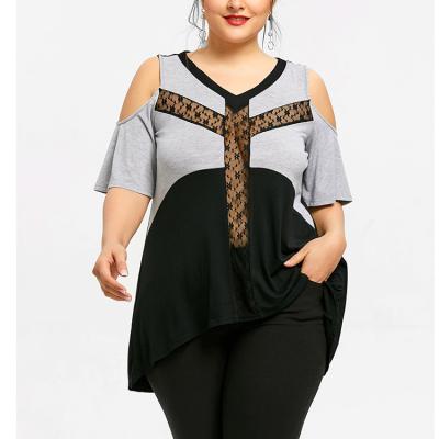 China Plus Size Plus Size Women Clothing Off The Shoulder Color Block Top T Shirts for sale