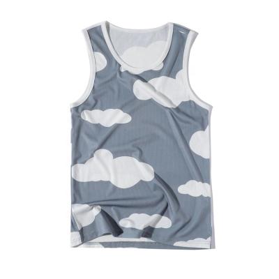 China QUICK DRY Custom Casual Sleeveless Cloud Printing Mens O-Neck Cotton Ribbed Tank Top for sale