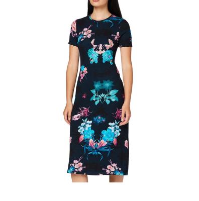 China Women's Breathable Short Sleeved Tight Rayon Floral-Printed Dress for sale