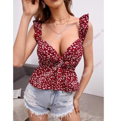 China Sweet Women's Floral Twist Front Short Sleeve Tunic Strappy Ruffle Edge Full for sale