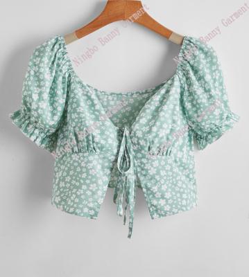 China Sweet Women Short Sheath Floral Tie Front Top for sale