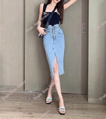 China Anti-Static Womens High Waist Split Plain Denim Buttons Up Pockets A Line Stylish Blue Midi Skirts for sale