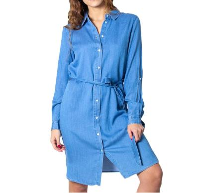 China Casual Anti-wrinkle Women Button Fly Blue Denim Dresses for sale