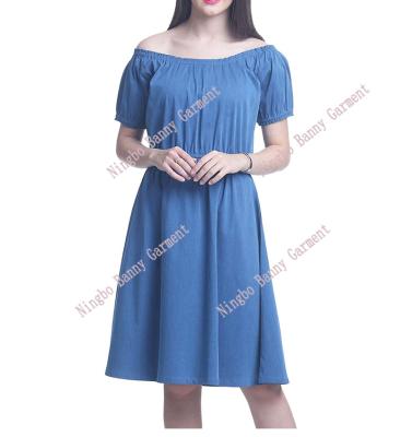 China Anti-wrinkle women's off-the-shoulder denim dress for sale