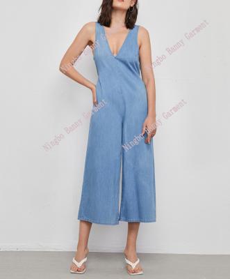 China Breathable Women Tie Back Wide Leg Deep V Neck Denim Overalls for sale