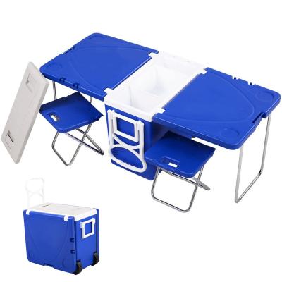 China 28L Waterproof Custom Logo Camping Foldable Food Portable Ice Table Cooler Box With Wheels for sale