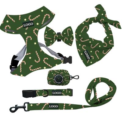 China Personalized Customized Dog Harness Set Pet Products With Adjustable Poop Bag Collar Leash Bow Tie Dog Harness Set for sale