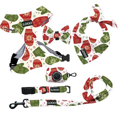 China Hot Sale Personalized Custom Christmas Dog Harness Leash Set With Poop Bag Collar Bow Tie Comfortable Adjustable Dog Harness Set for sale