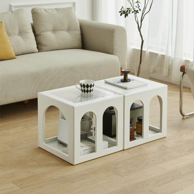 China Convertible Modern Living Room Furniture White Cream Paint Lacquered Wood Coffee Table Set for sale