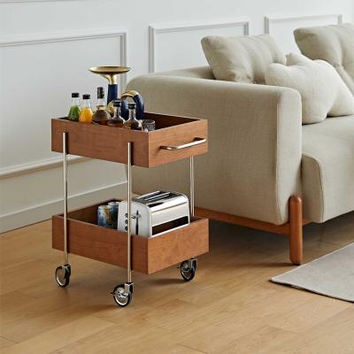 China Easily Movable Medieval Storage Brake Caster Wheels Nordic Wooden Carriage Table Rolling Side Bedroom for sale