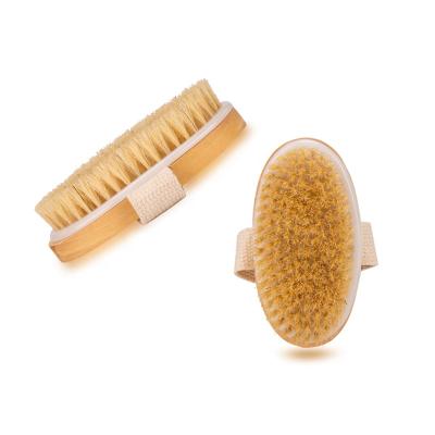 China OEM Logo Wooden Dry Skin Body Brush Clean Custom Boar Stiffen Bath Brush With Hand Band And Soft Bristle Shower Brush for sale