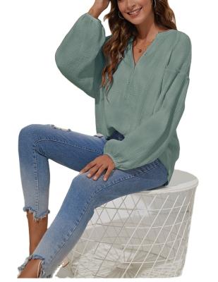 China Autumn Fashionable Loose Elegant V-neck Long Sleeve Women's Breathable T-shirts Solid Color Custom Made for sale